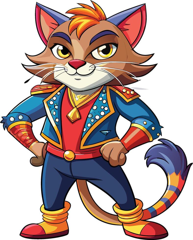 A cartoon cat in a costume with a blue jacket and red shoes vector