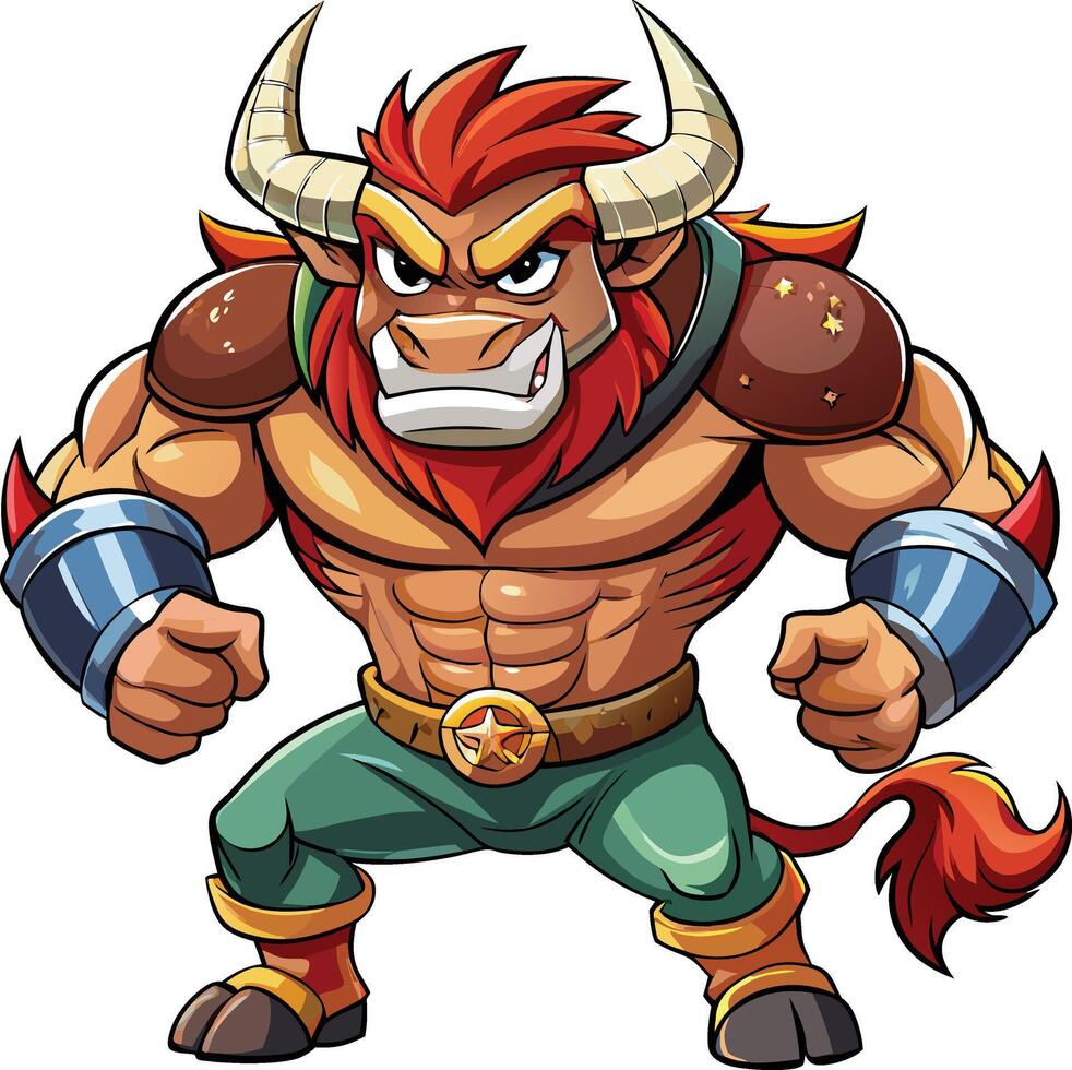 Cartoon bull character with horns and armor vector
