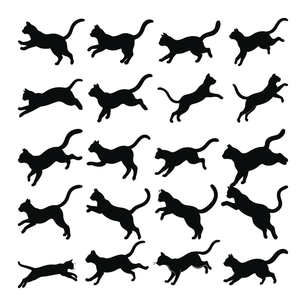 Cat silhouettes set of black cats jumping and running vector