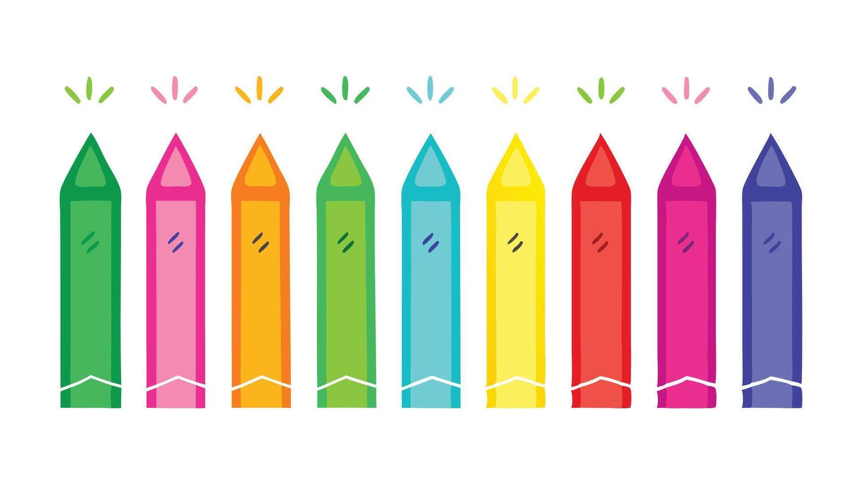 Collection of colored pencils displayed in a straight line, showcasing a spectrum of vibrant colors flat illustration. vector