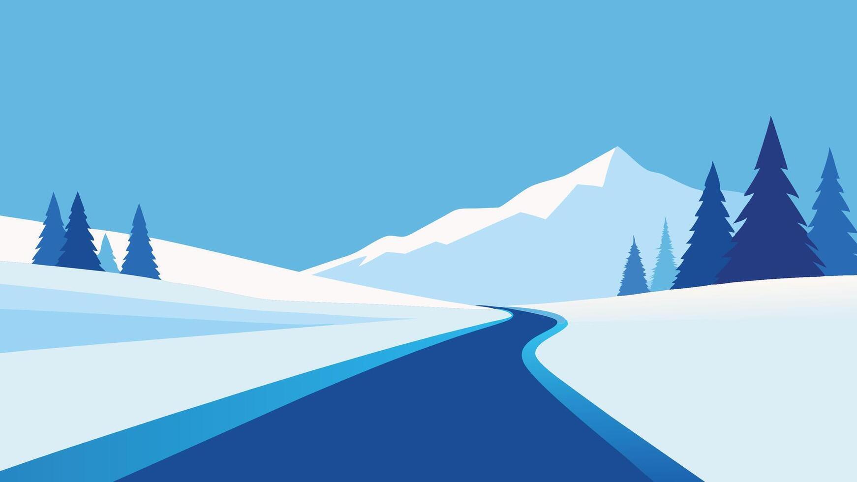 Winter landscape featuring snow covered trees flanking a road that stretches through a tranquil field flat illustration vector