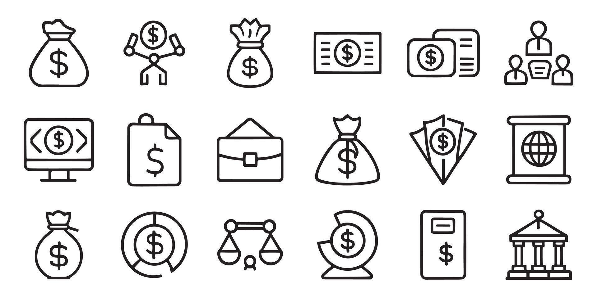 No dollar money bag. Bankruptcy. Financial Crime related editable icon set isolated flat illustration white background. vector