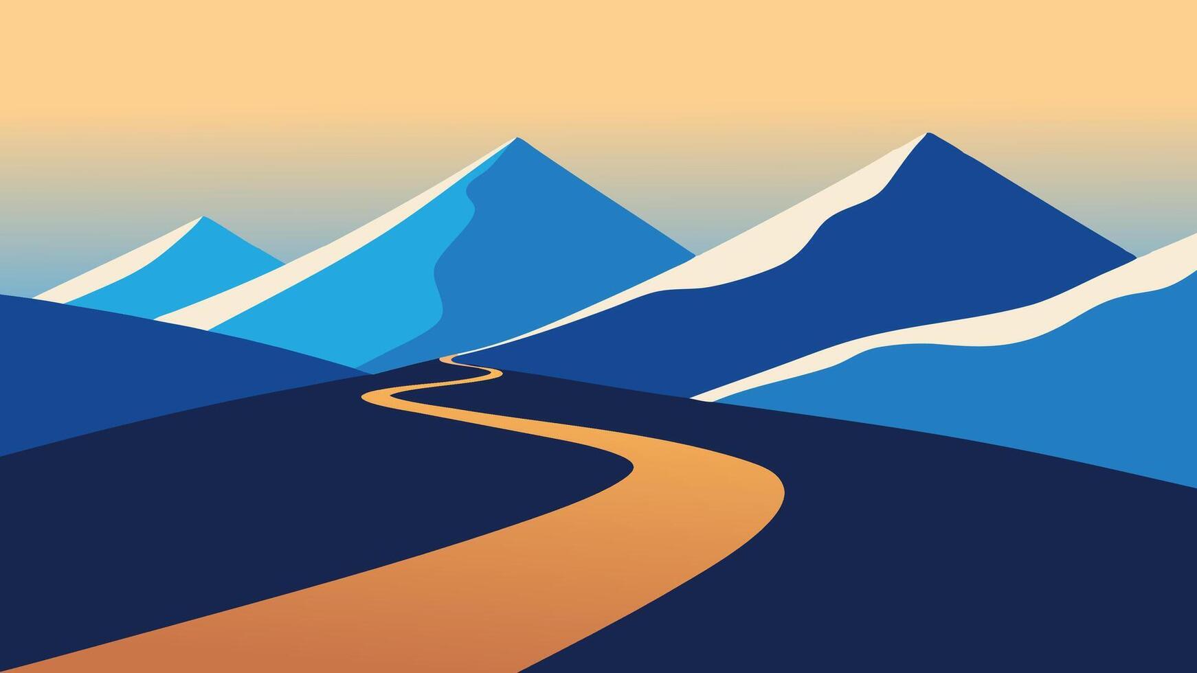 Winding road meandering through majestic mountains under a clear blue sky flat illustration vector