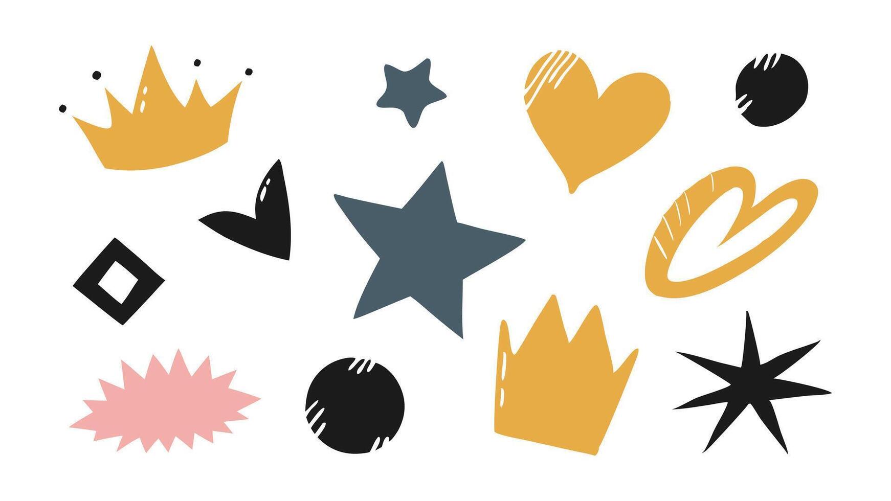 Color graphic modern abstract sticker element. Doodle geometric collage star, crown, heart shape set. Hand drawn texture grunge brush modern effect flat illustration vector