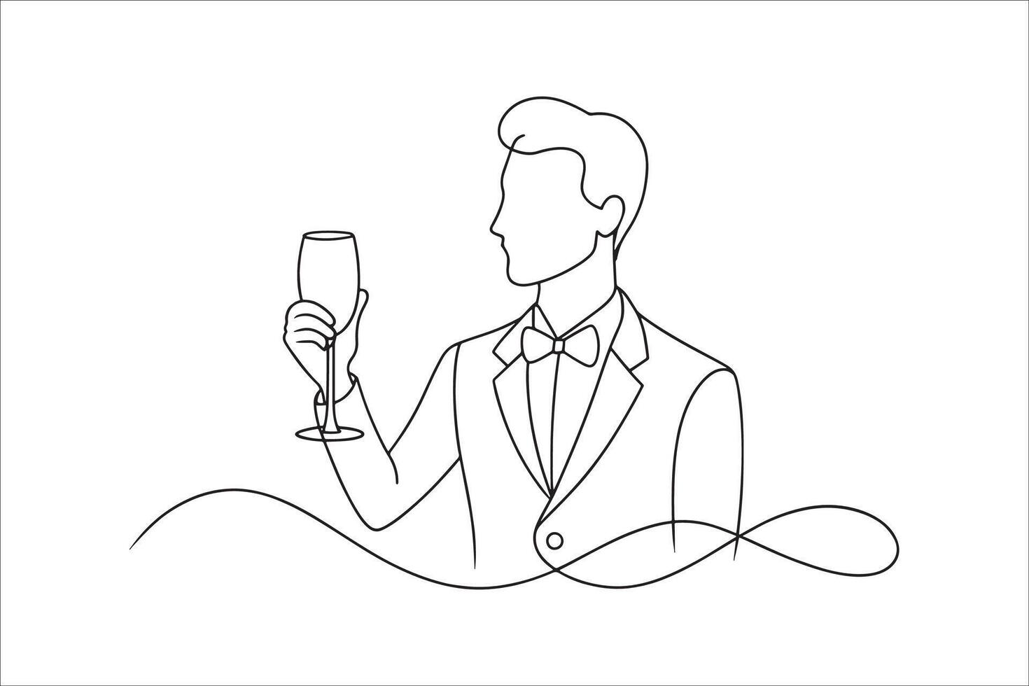 A man elegantly holds a glass of winec continuous line art flat illustration on white background vector