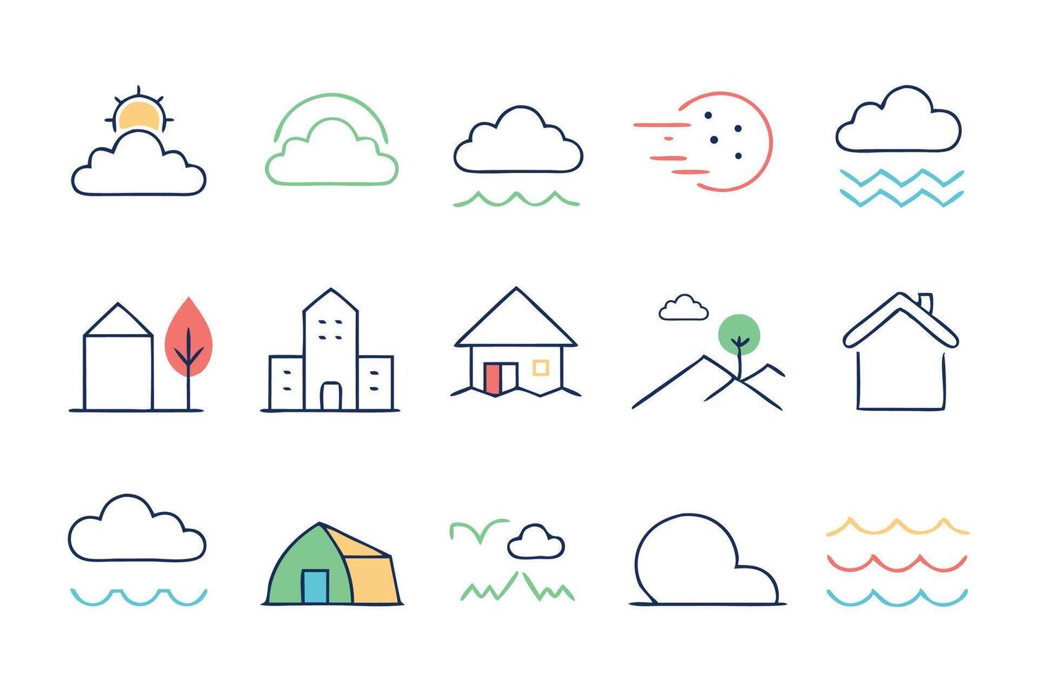 Various line shape weather icons showcasing sun, rain, snow, and clouds, representing diverse meteorological conditions illustration set on white background vector