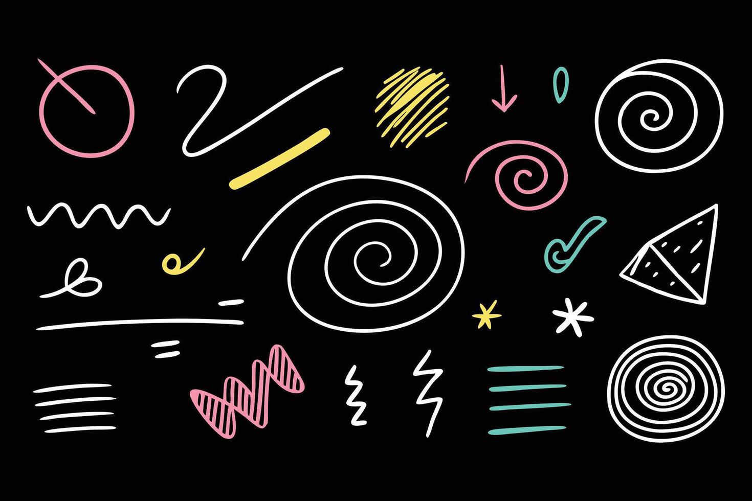 Brush stroke square, spiral, arrow element scribble line hand drawn sketch design. Crayon pencil style. illustration isolated flat illustration on Black background. vector
