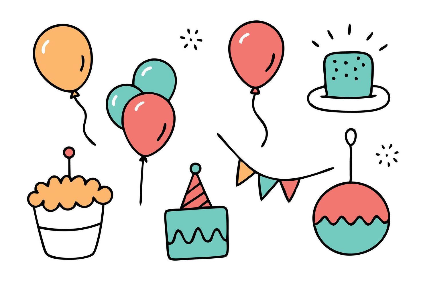 Birthday doodle icon element. Hand drawn sketch doodle birthday cake, balloon, event decoration element flat illustration set on white background. vector