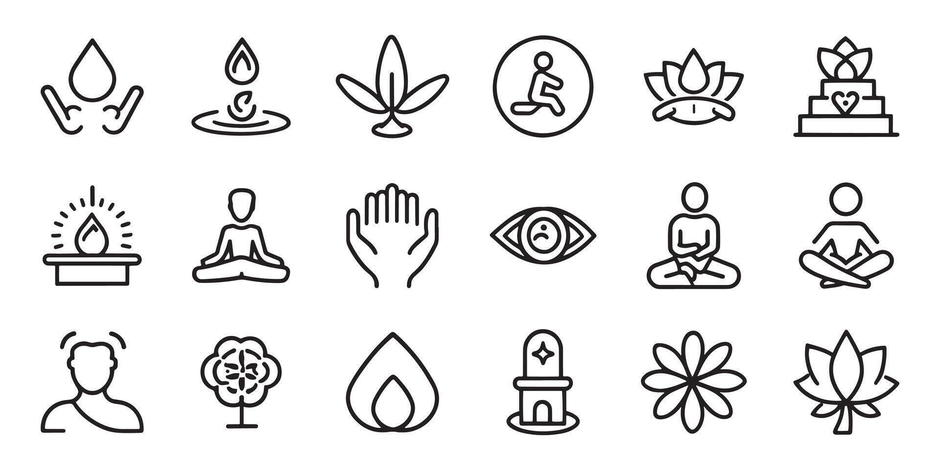 Yoga, meditation, and mind relax related editable stroke outline icons set isolated flat illustration on white background vector