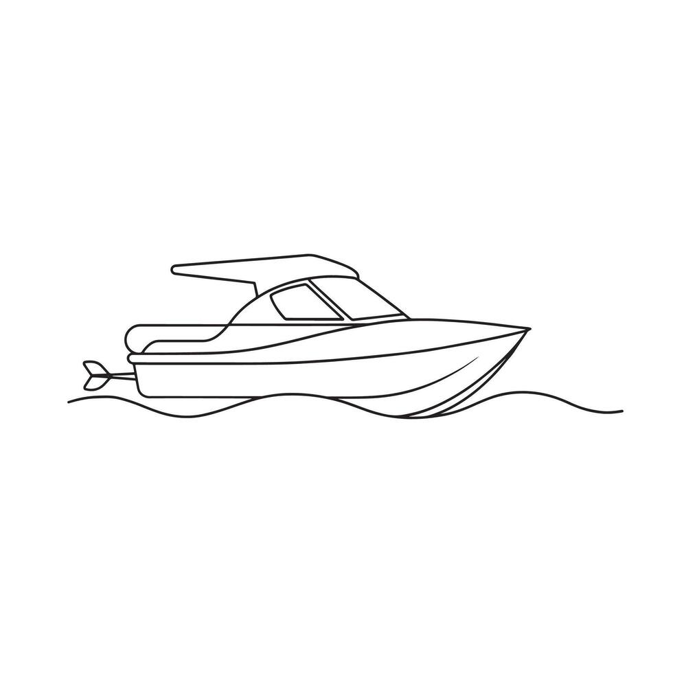 Motorboat Water Transport isolated continuous line art flat illustration on white background vector