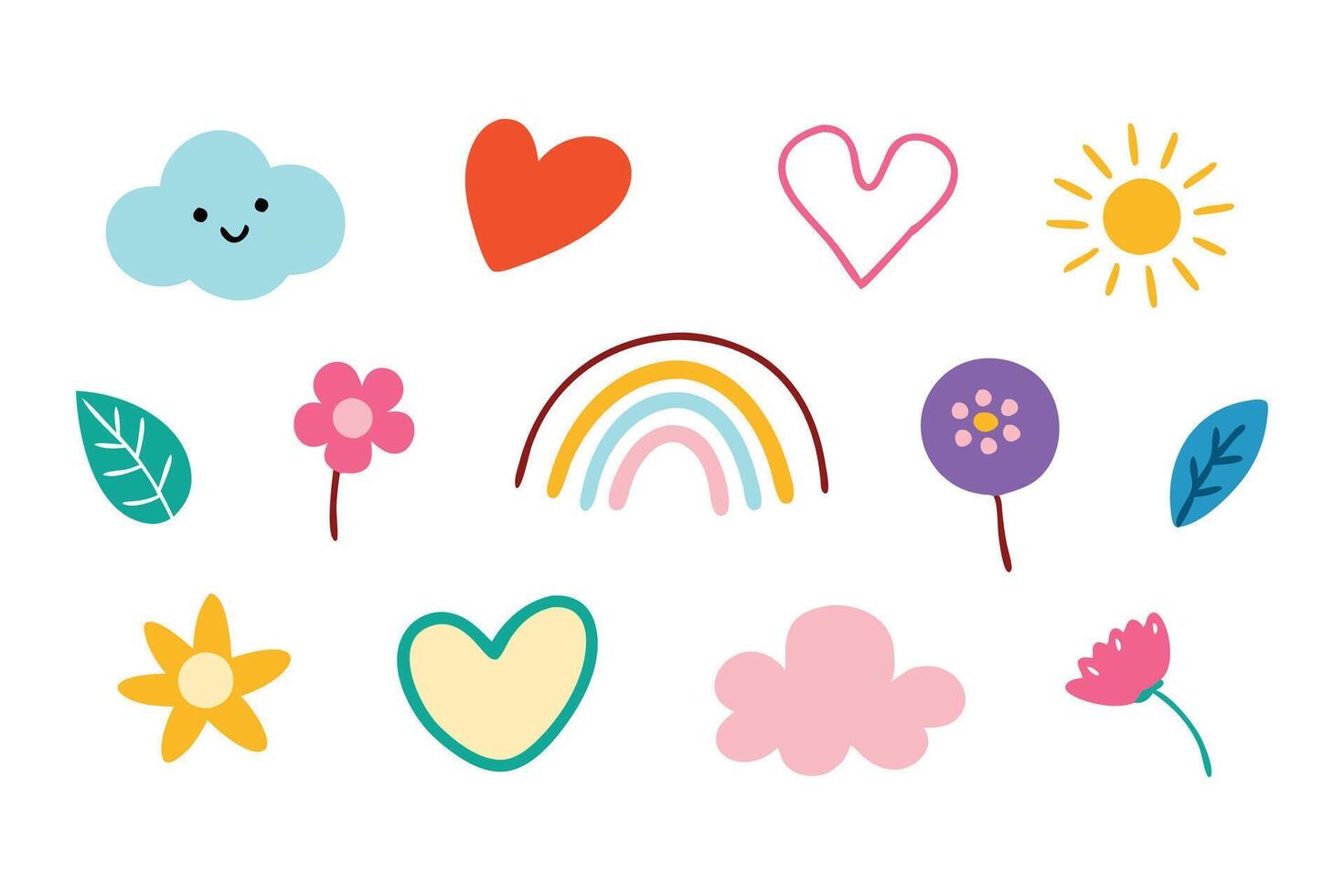 Hand drawn doodle sketch childish element set. Flower, heart, cloud children draw style design elements flat illustration set white background vector