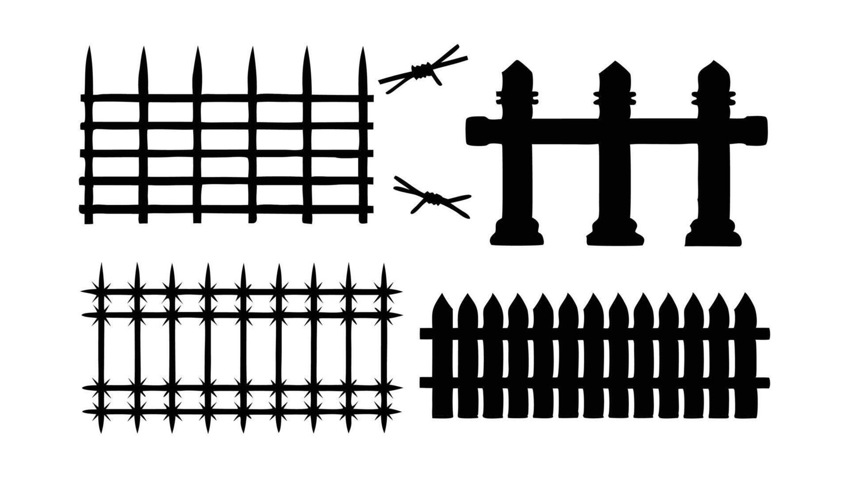 Fence wire mesh barbed wire silhouettes set isolated flat illustration on white background vector