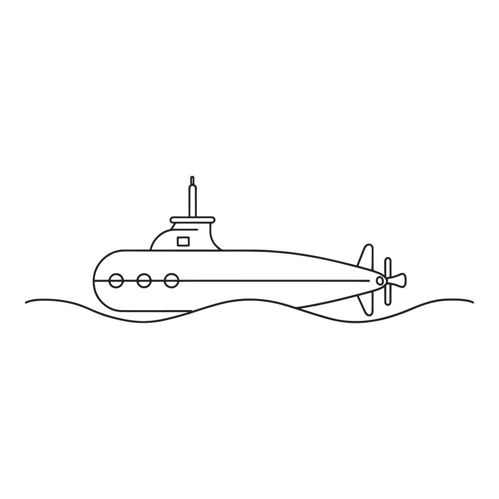Submarine Water Transport isolated continuous line art flat illustration on white background. vector