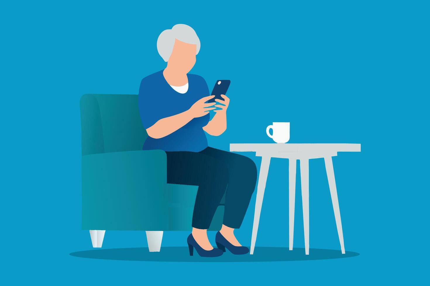 Happy cheerful older woman customer using smartphone sitting at home table in living room. flat illustration vector
