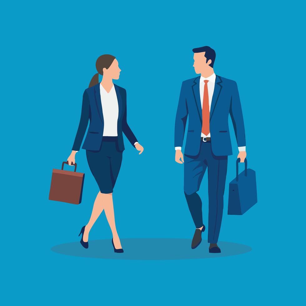 Smart two young business people walking through the lobby isolated flat illustration vector