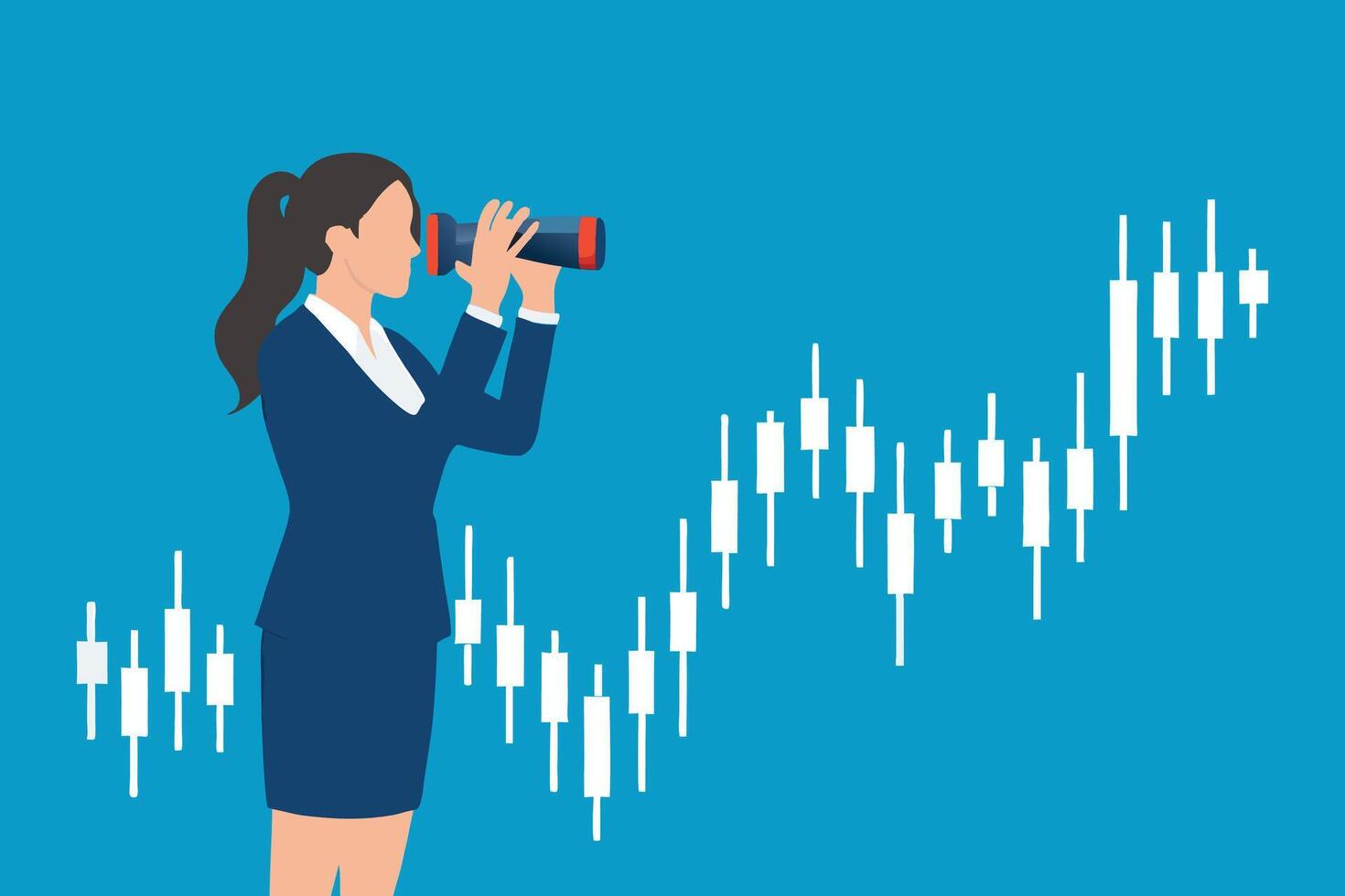 Smart Business woman investor look on binoculars on trading candlestick chartisolated flat illustration. vector