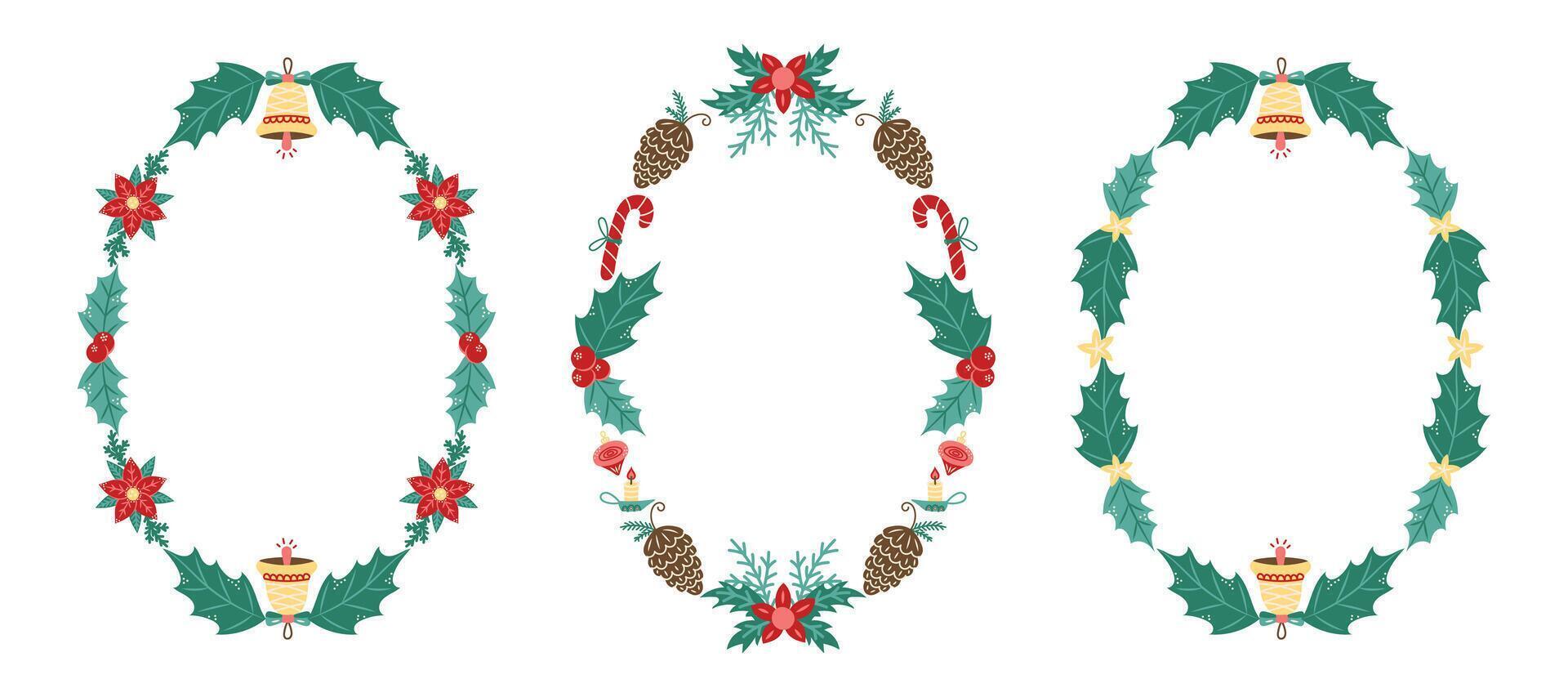 Oval Christmas frames collection with Poinsettia and Bell. Winter frame with empty space for text. Christmas and New Year. Isolated illustration. vector