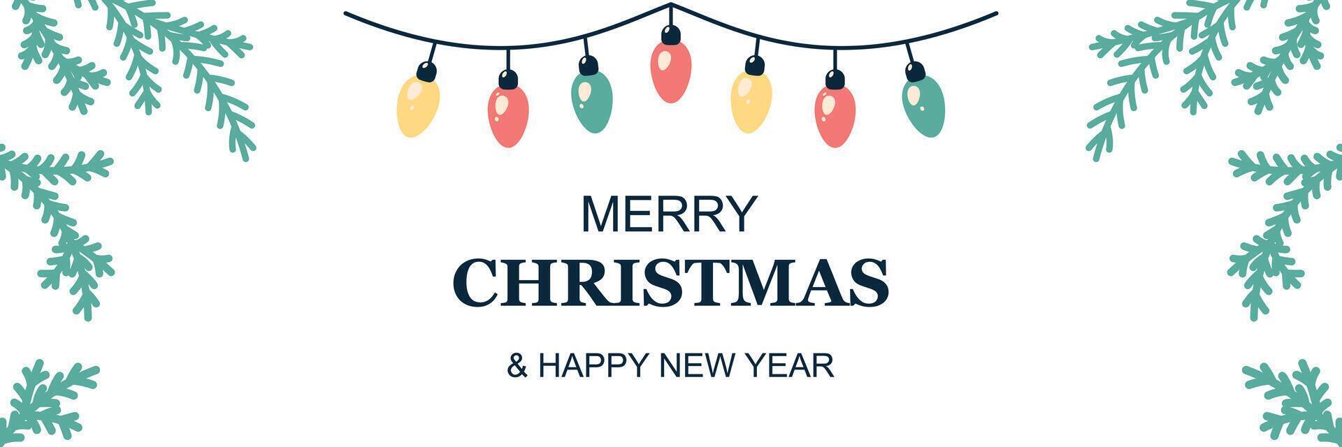 Horizontal merry Christmas banner with garland. Greeting card on white background. Christmas and New Year. illustration. vector