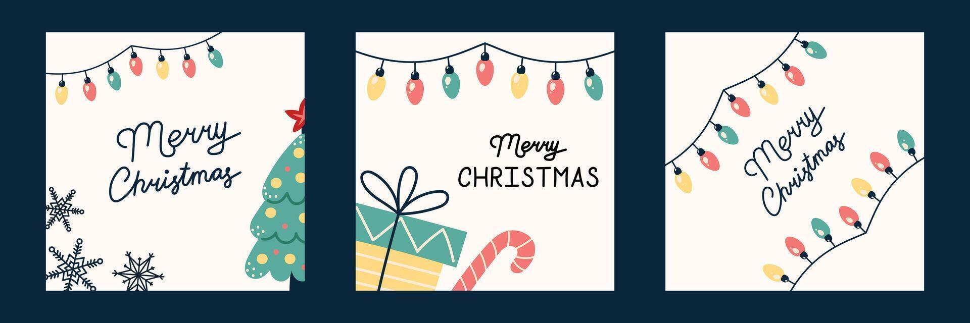 Set of square Christmas banners with garland. Greeting card on light beige background. Christmas and New Year. illustration. vector
