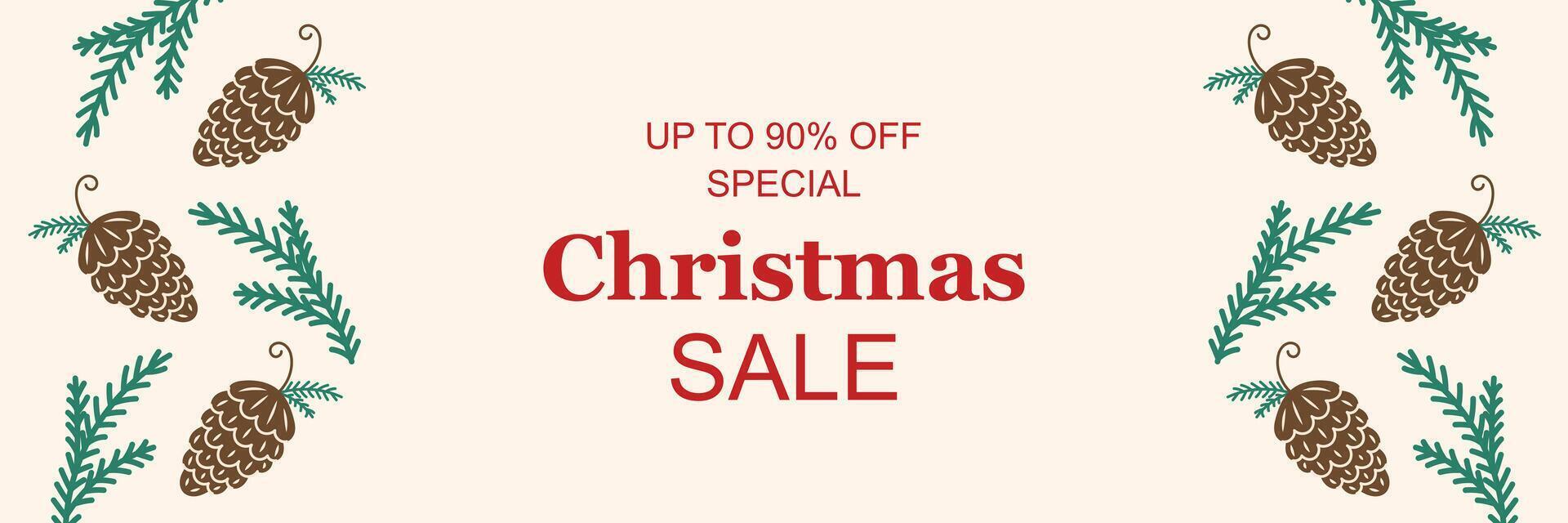 Horizontal banner Christmas sale. Frame with pine cones on the edges. light beige background. Christmas and New Year. illustration. vector