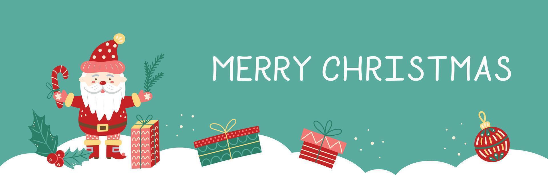 Horizontal Merry Christmas Banner with Santa Claus and gift boxes. Greeting card on green background. Christmas and New Year. illustration. vector