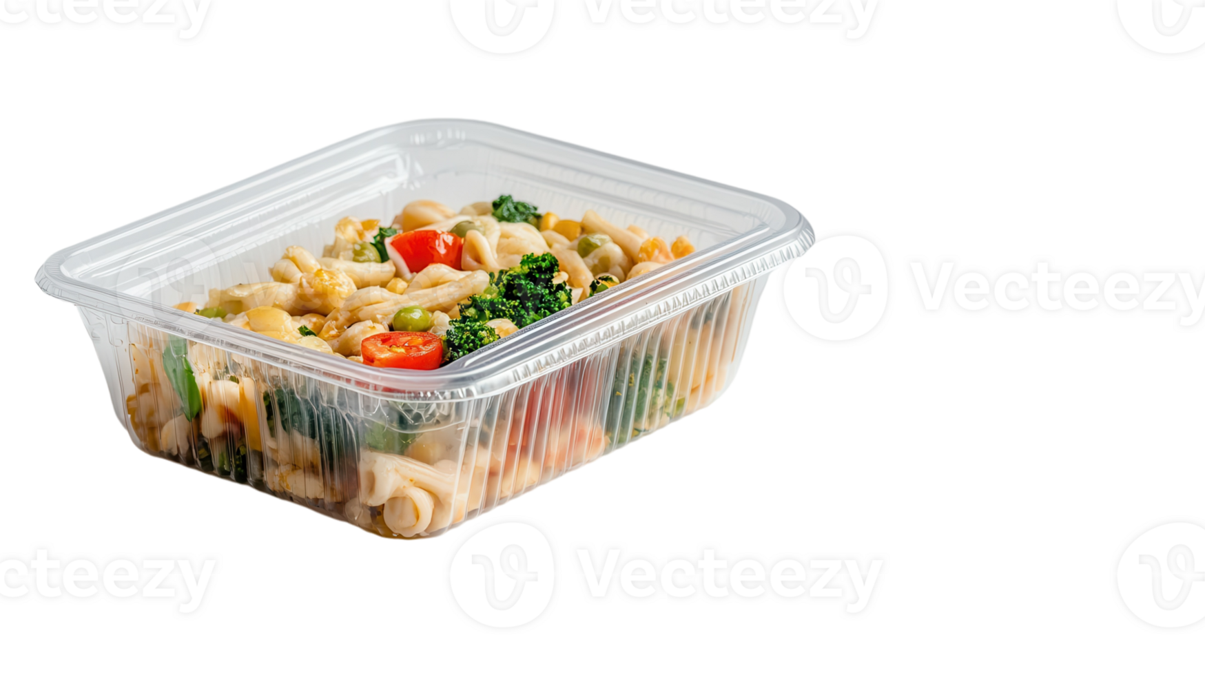 A vibrant mix of pasta and colorful vegetables is neatly packed for easy enjoyment. png