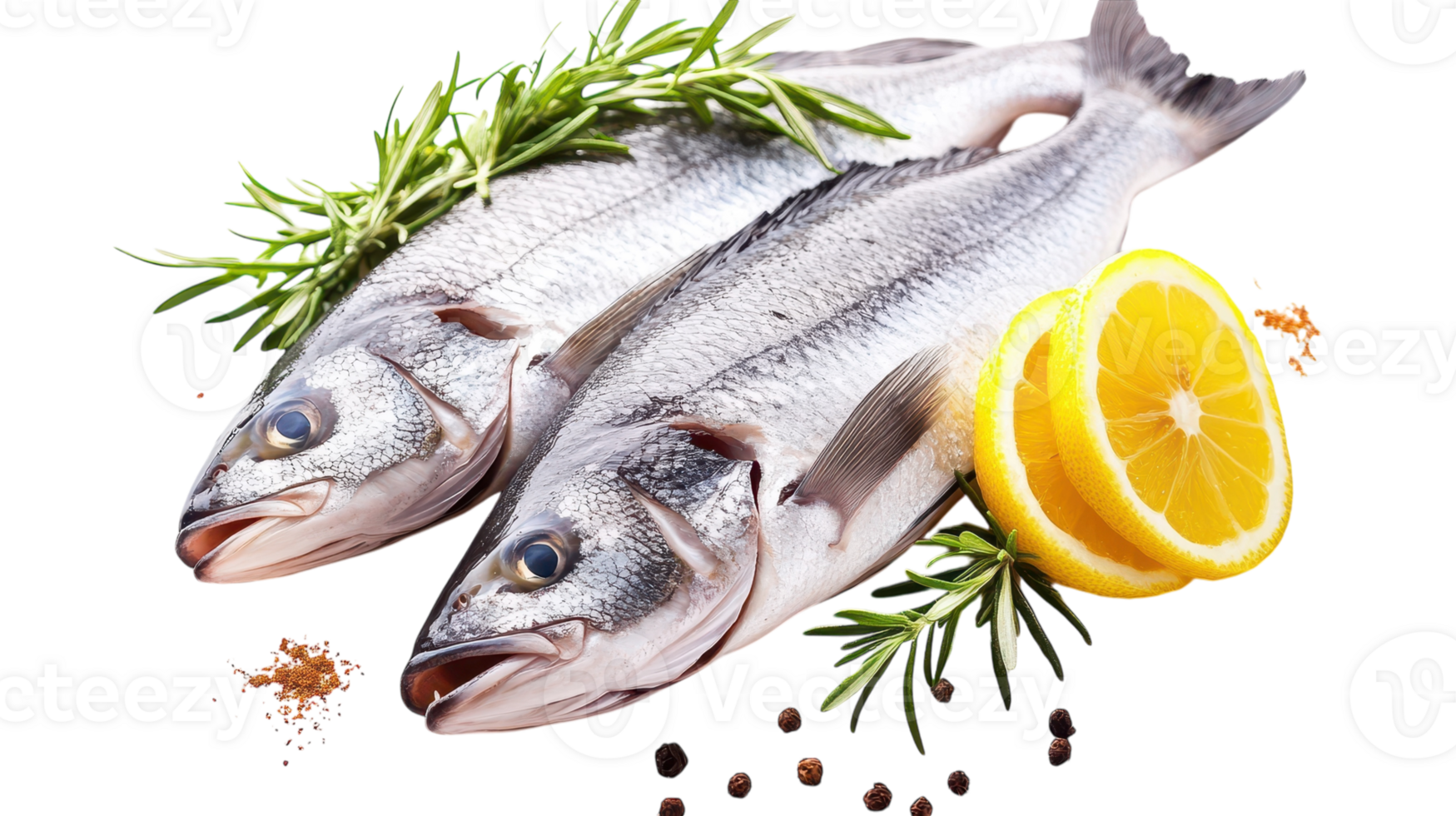 Two fish lie beside vibrant herbs and lemon, ready for a culinary delight in the kitchen. png