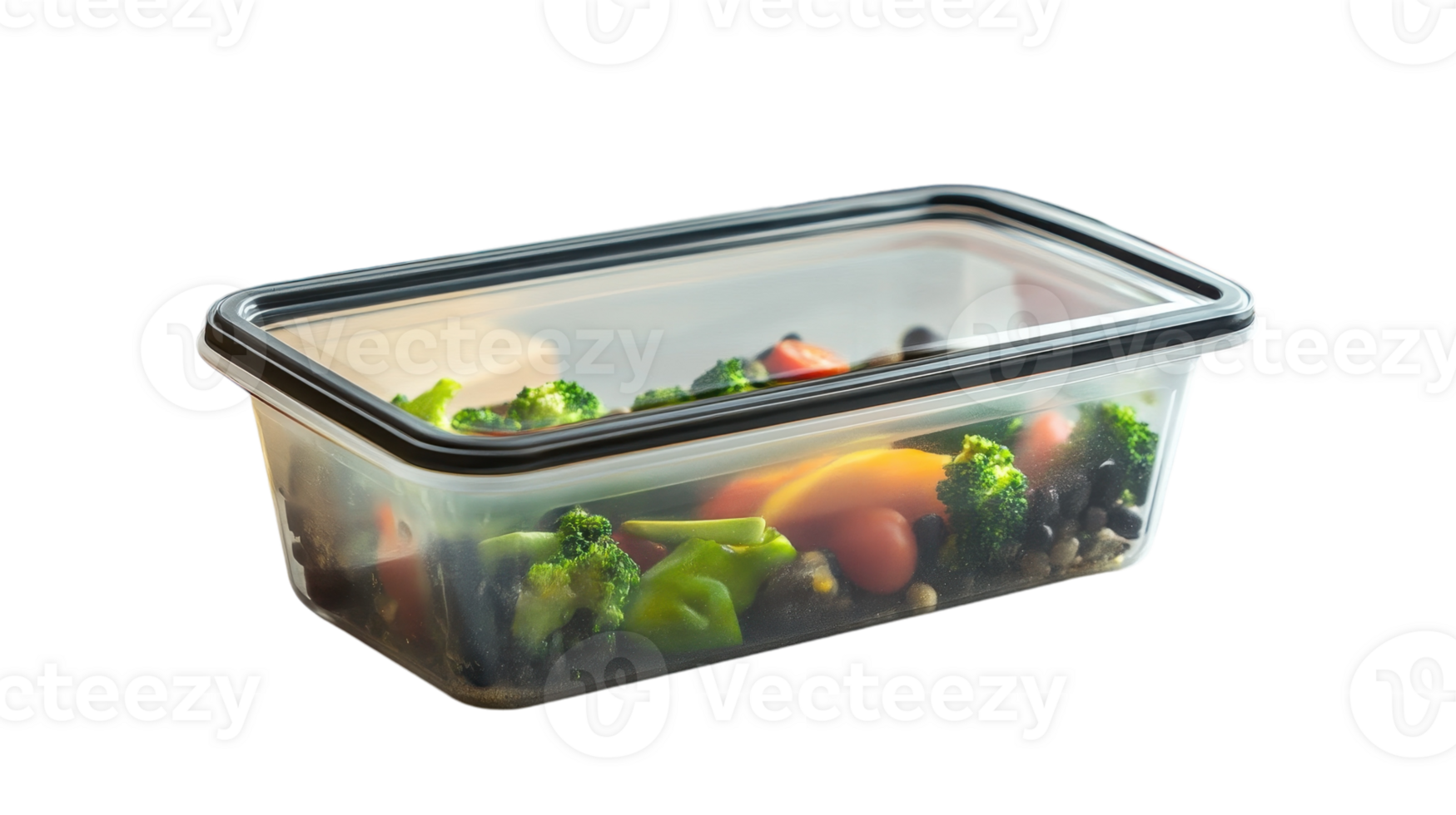 Fresh veggies neatly arranged in a clear container, perfect for meal prep. png