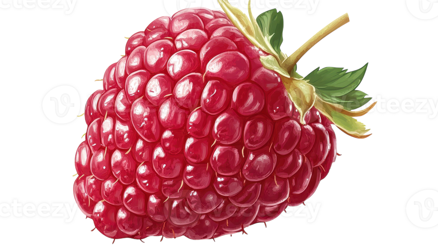 A single ripe raspberry showcases its juicy texture and fresh green leaves, inviting and vibrant. png