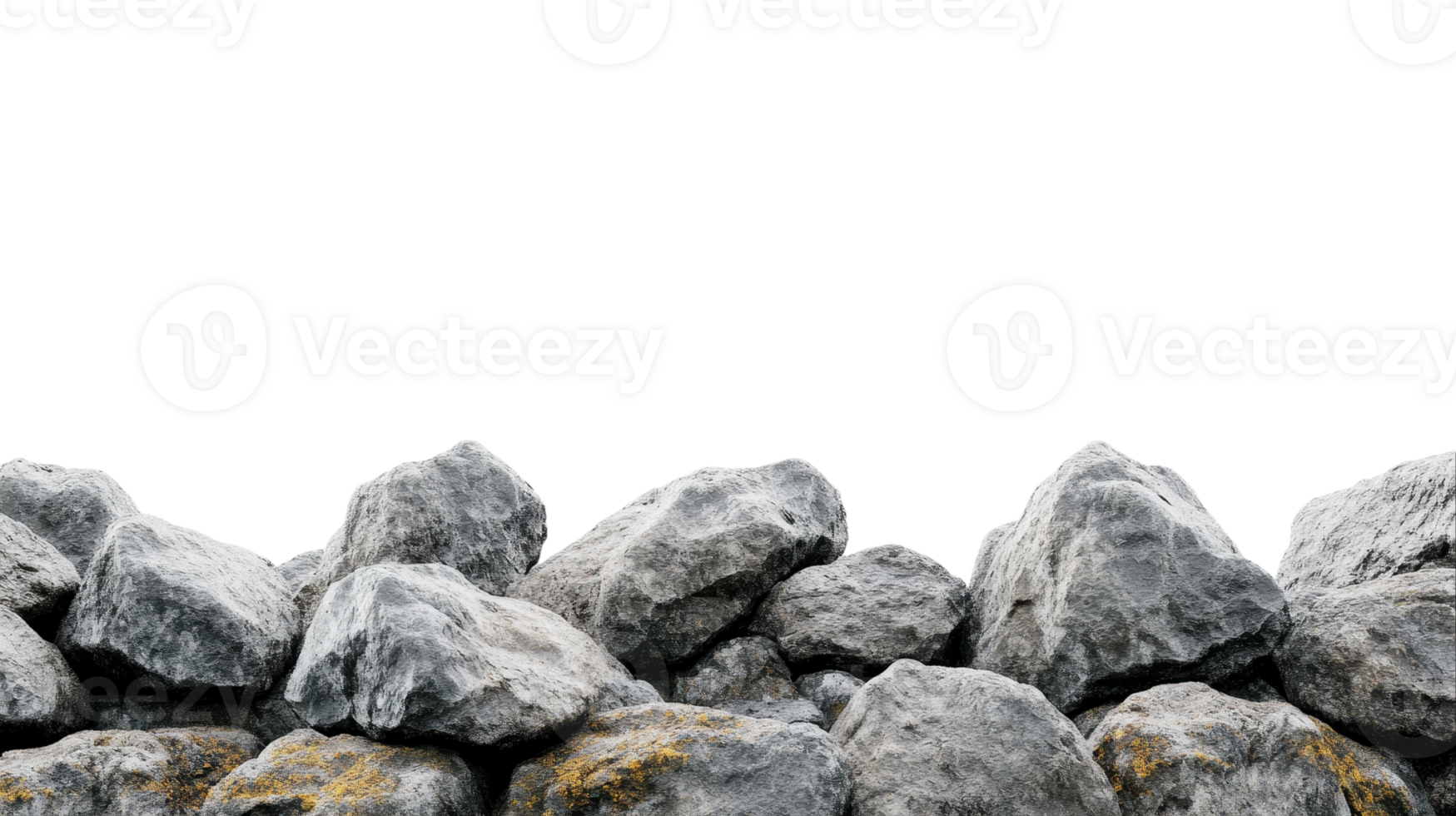 A rugged stone wall made of various large rocks in a natural setting under bright daylight, showcasing rough textures and earthy tones. png