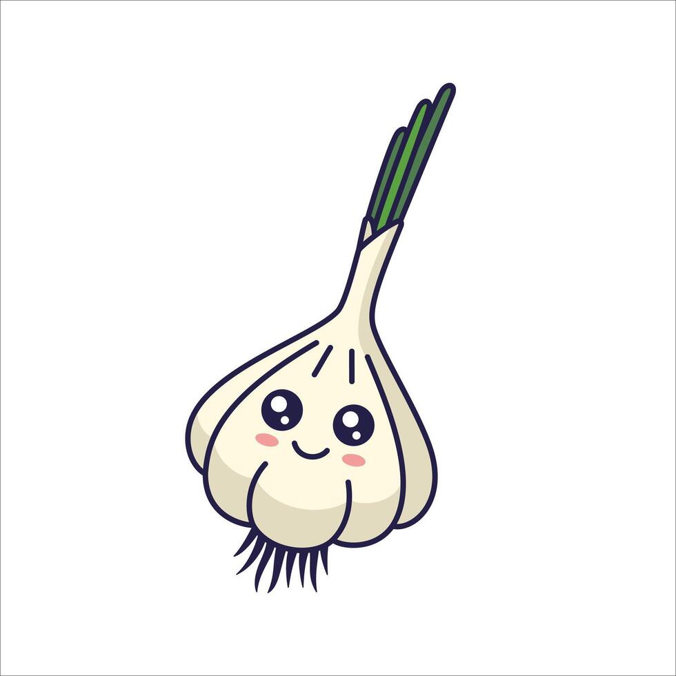Cute Kawaii garlic cartoon icon illustration. Food vegetable flat icon concept isolated on white background. Garlic character, mascot in Doodle style. vector