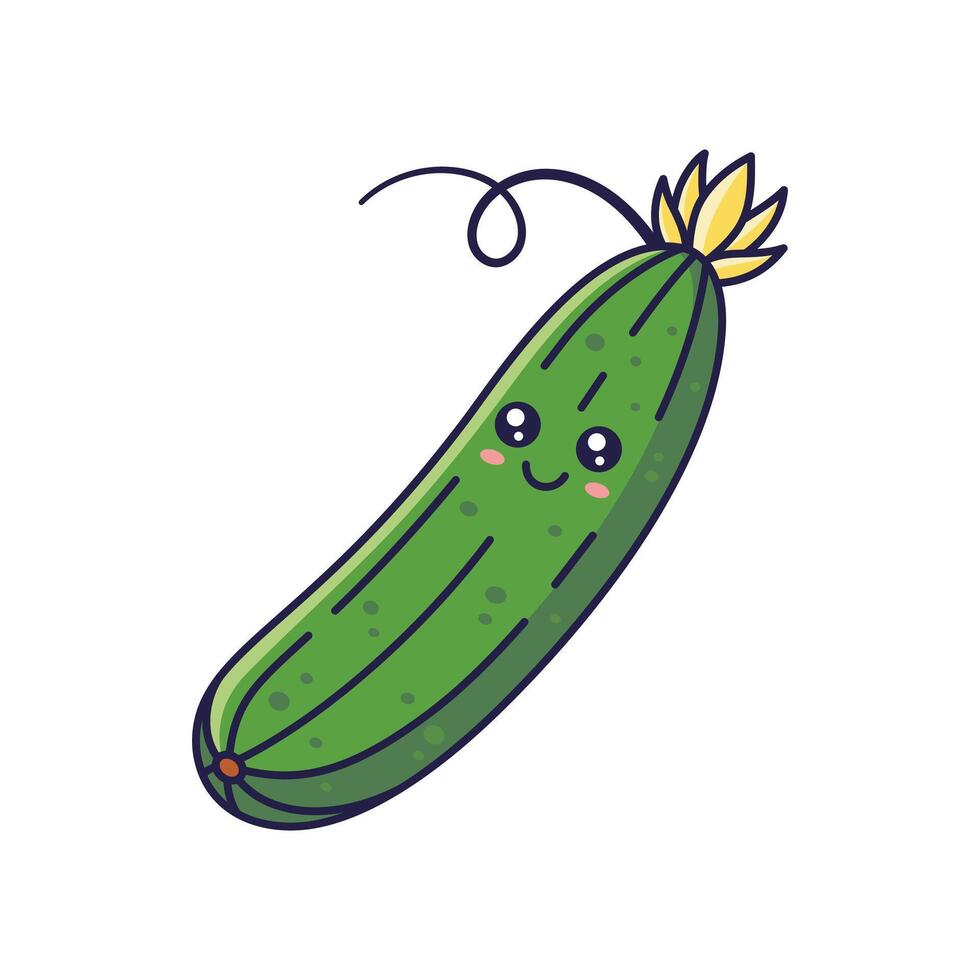 Cute Kawaii cucumber cartoon icon illustration. Food vegetable flat icon concept isolated on white background. Cucumber character, mascot in Doodle style. vector