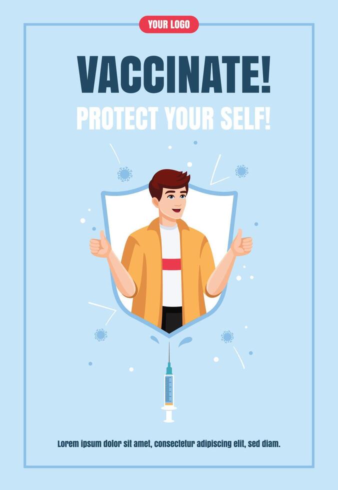 Vaccinated man is protected from infection by an immunity shield. Vaccination concept Flyer design, banner, promo, advertising, leaflet. illustration in flat style. vector