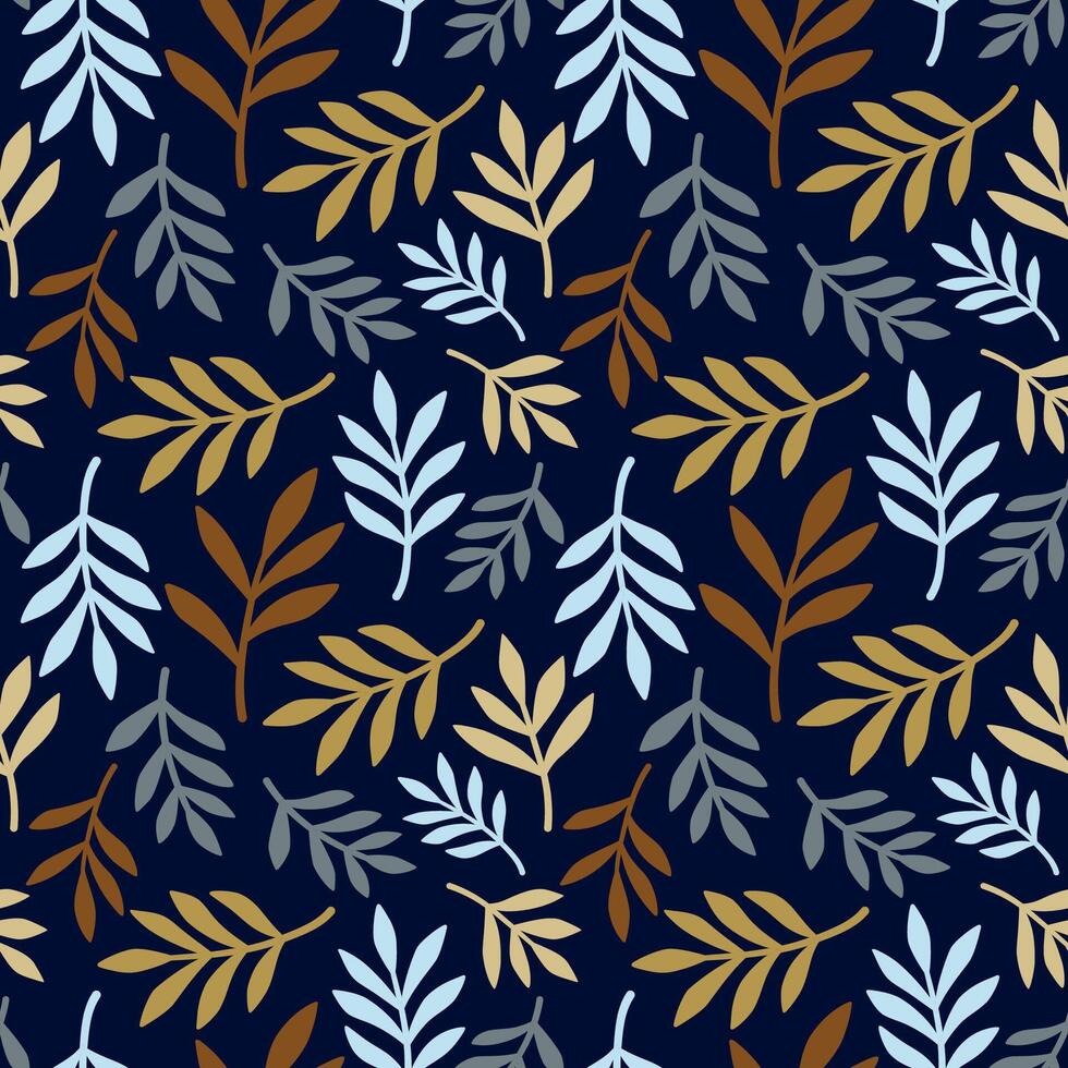 Artistic seamless pattern with abstract leaves and branches on a dark blue background. Trendy abstract pattern in nature colors. design for paper, textile, interior decor. vector