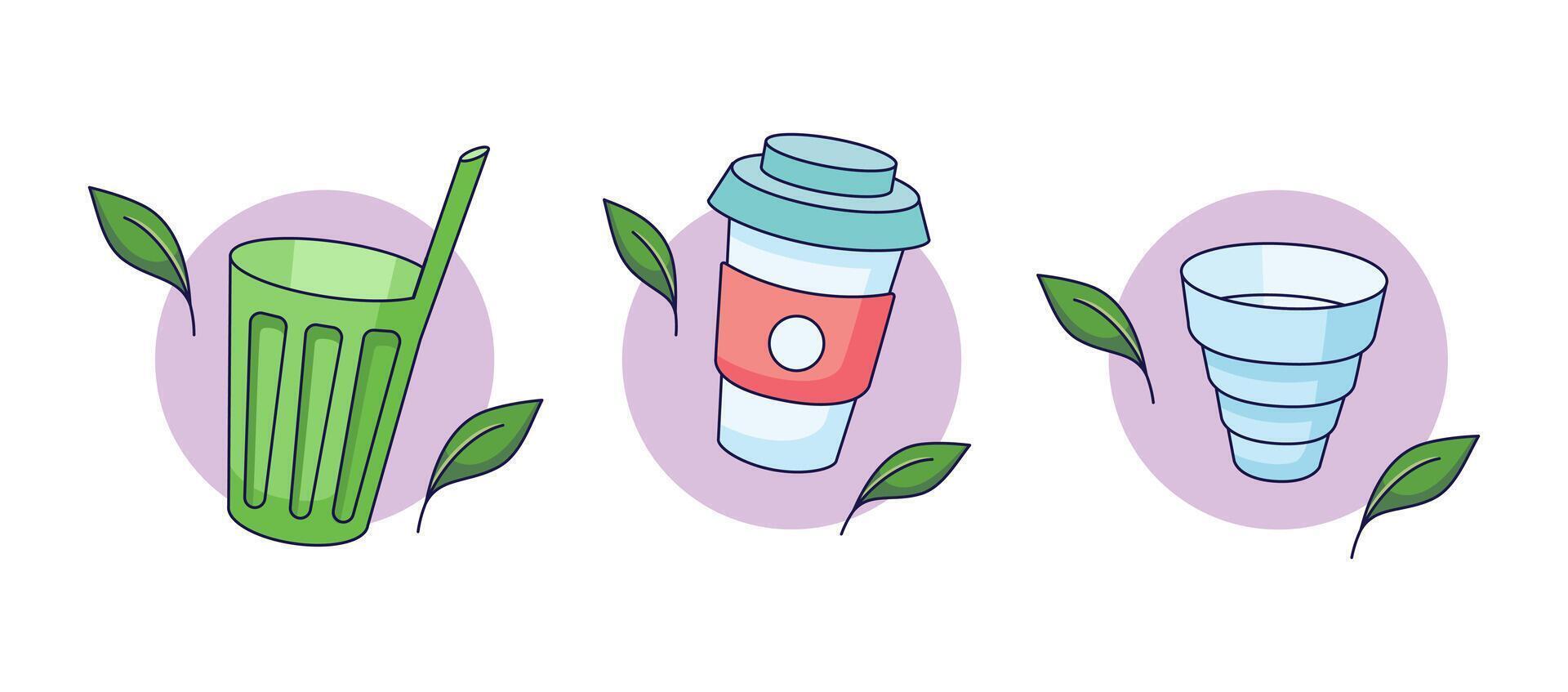 Set of eco friendly tableware items stickers - reusable coffee cup, folding cup, mug with straw. Sustainable lifestyle, Zero waste, ecological concept collection. illustration in cartoon style. vector