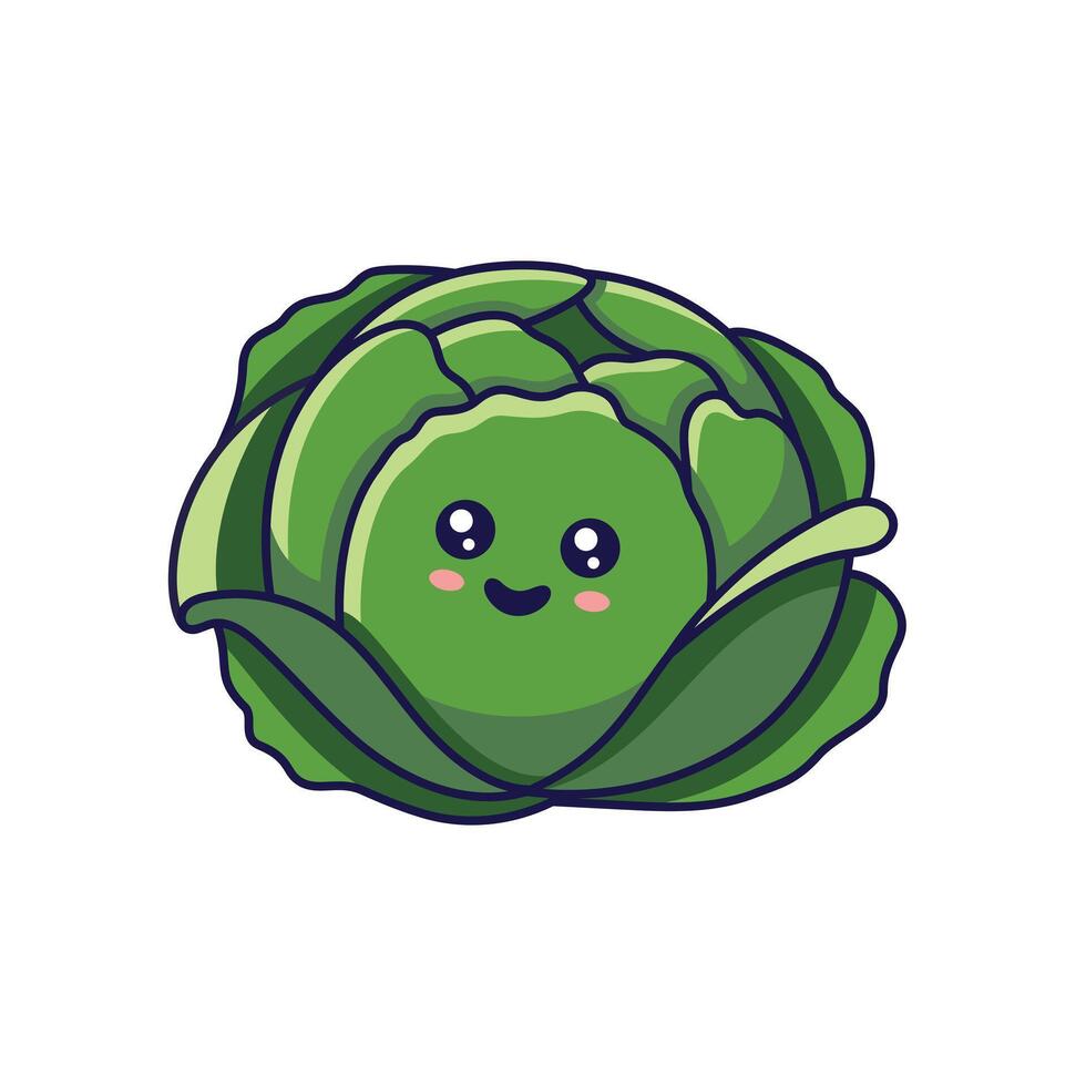 Cute Kawaii Cabbage cartoon icon illustration. Food vegetable flat icon concept isolated on white background. Cabbage character, mascot in Doodle style. Print for kids clothing. vector