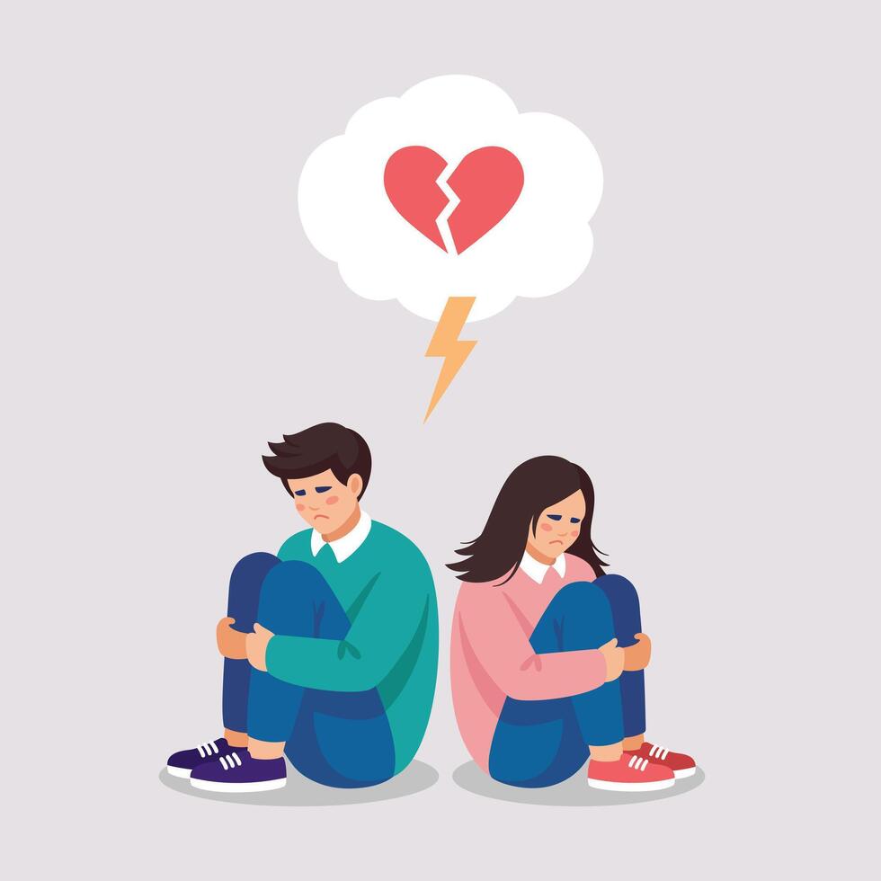 Unhappy couple sitting on the floor with broken heart suffer after breakup or split. Upset man and woman break up relationships. Love end and family divorce. illustration. Minimalism vector