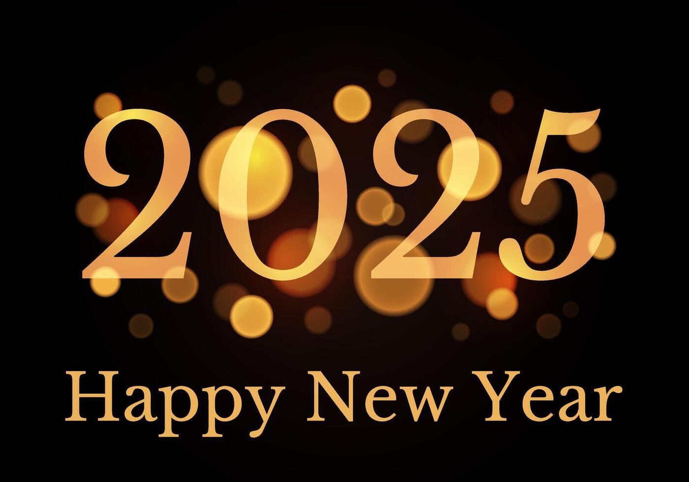2025 new year postcard with boke lights effects. Digit design. Happy new year text design template in gold. Isolated dark red background. Postcard, calendar, banner. illustration. vector