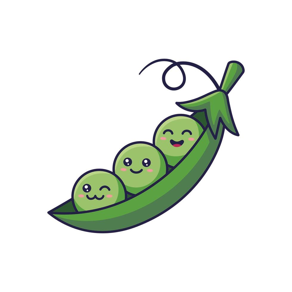 Peas kawaii characters. Cute Kawaii pea pod cartoon icon illustration. Food vegetable flat icon concept isolated on white background. Doodle style print illustration for kids clothing. vector