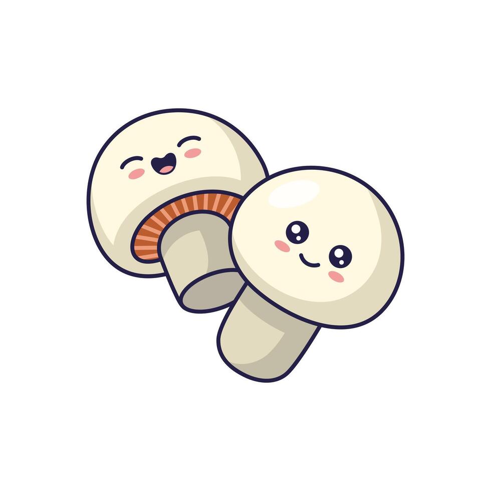 Cute Kawaii Mushrooms cartoon icon illustration. Food vegetable flat icon concept isolated on white background. Champignon character, mascot in Doodle style. vector