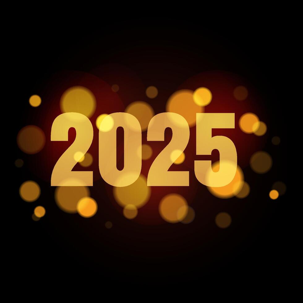 2025 new year postcard with boke lights effects. Digit design. Happy new year text design template in gold. Isolated dark red background. Postcard, calendar, banner. illustration. vector
