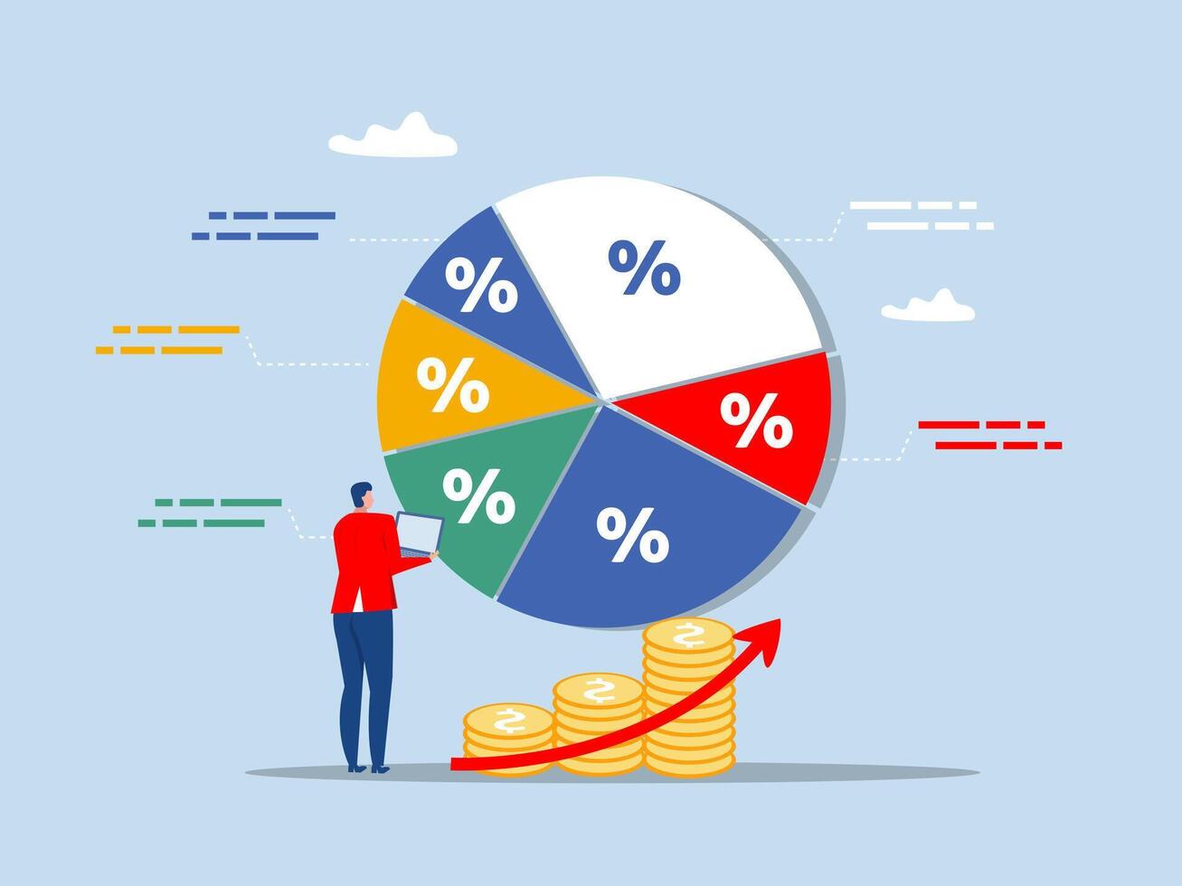 Businessman reviewing diversified investment portfolio Financial Report. Reviewing investment ,Inflation, stock markets, funds, cryptocurrencies from the federal government or FED. vector