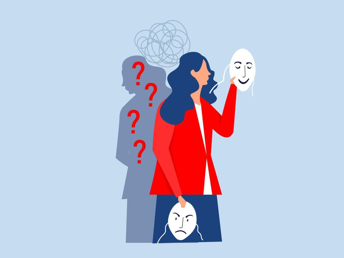 imposter syndrome, Girls trying on carnival masks with happy or sad expressions. vector