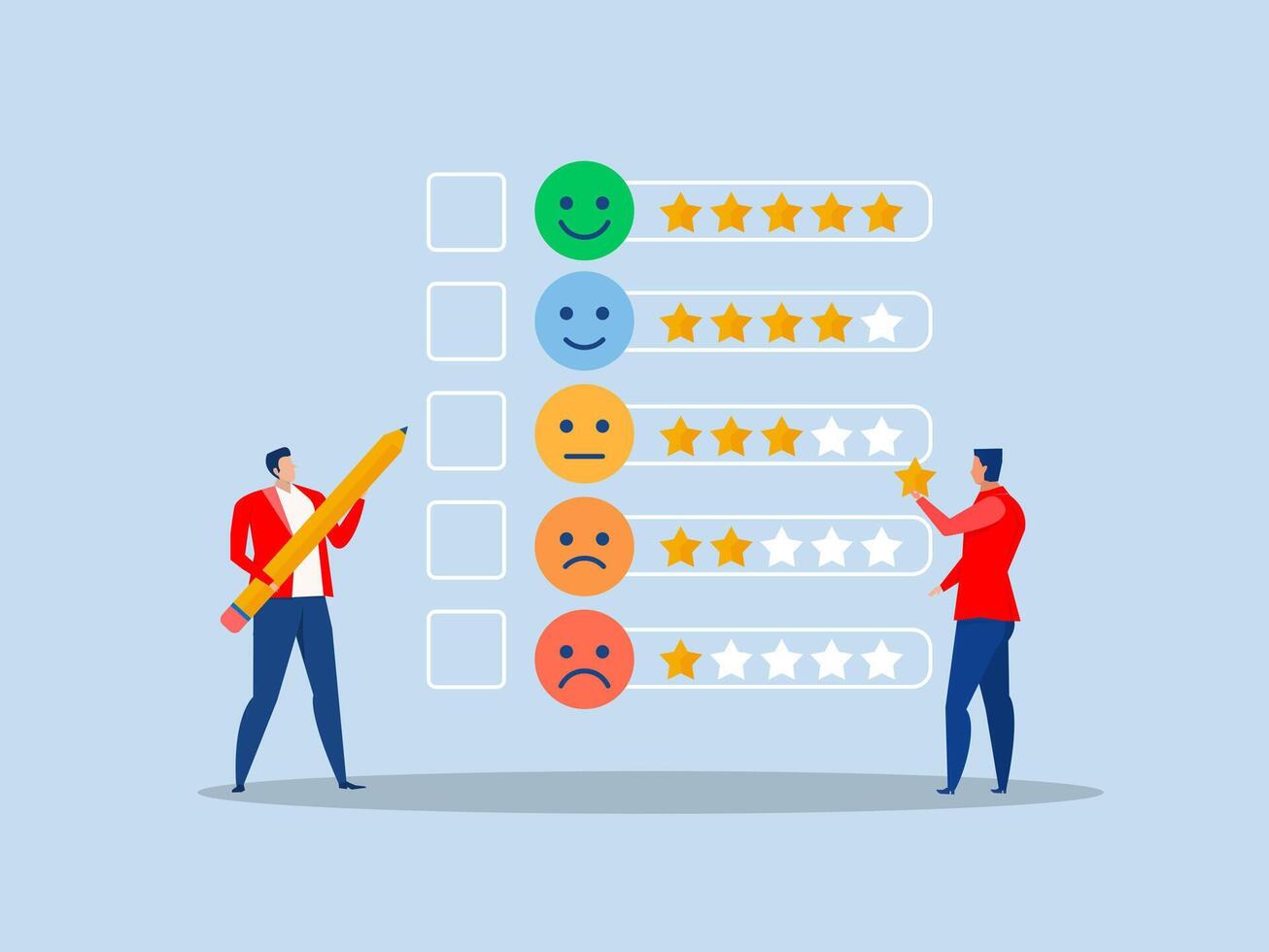 Businessman holding star and checking to put on best rating 5 stars rating review high quality and good feedback or credit score, evaluation rank concept illustrator. vector