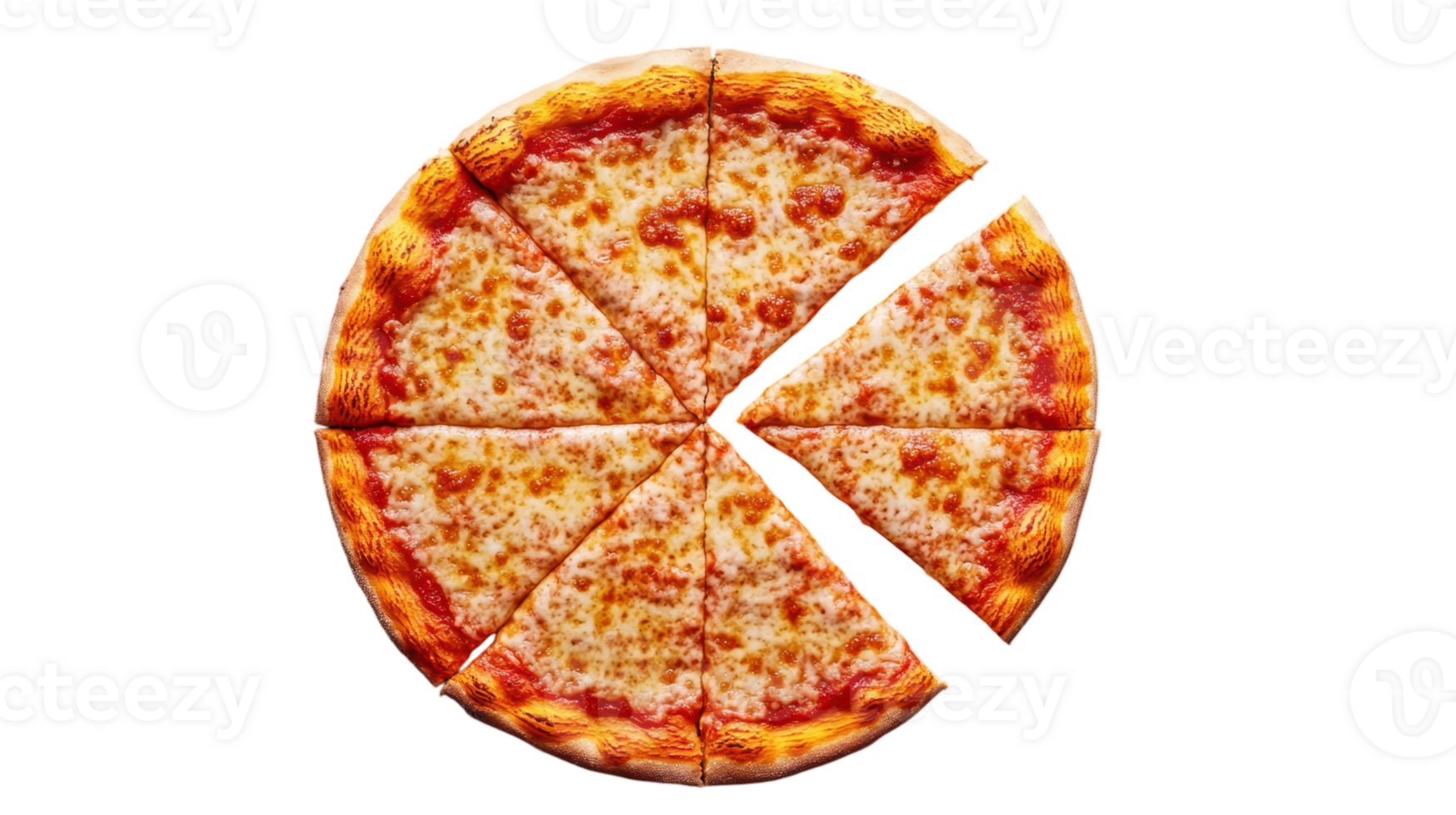 A cheese pizza with one slice removed, showcasing its appetizing golden crust and melted cheese. png