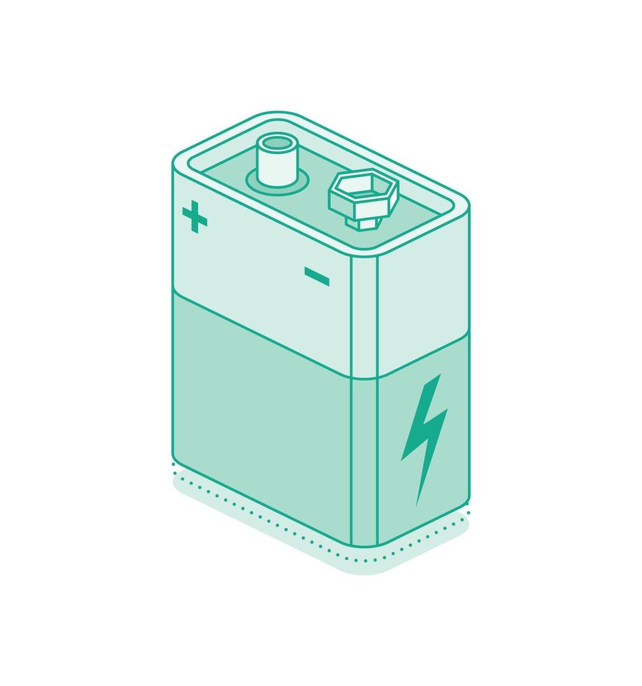 Isometric 9V battery isolated on white background. Nine volt battery icon. Outline style. vector