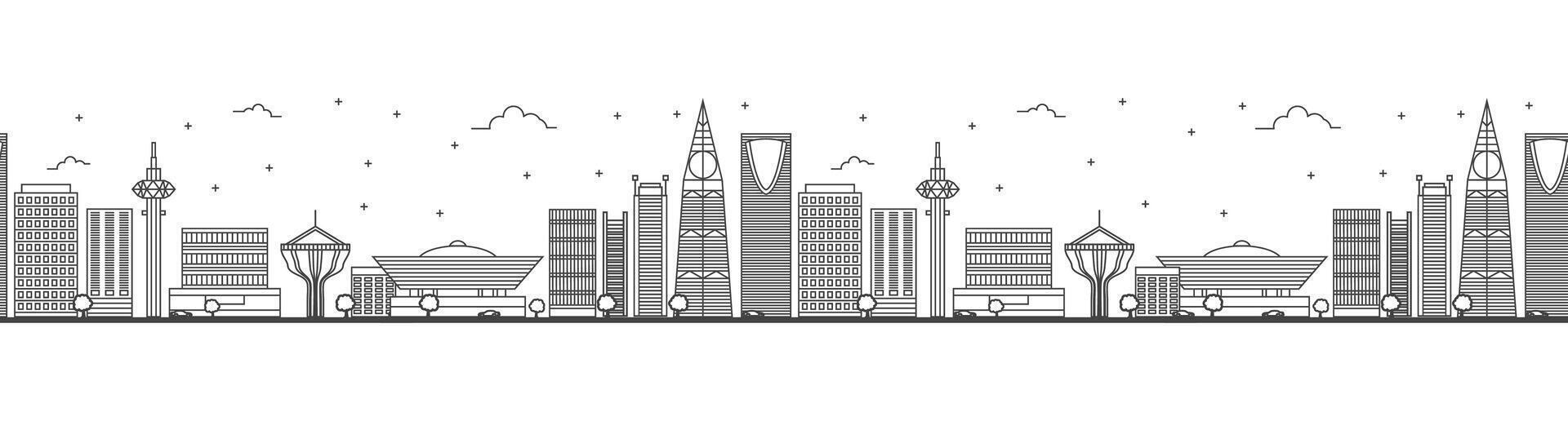 Seamless pattern with outline Riyadh Saudi Arabia City Skyline with Modern Buildings Isolated on White. Riyadh Cityscape with Landmarks. vector