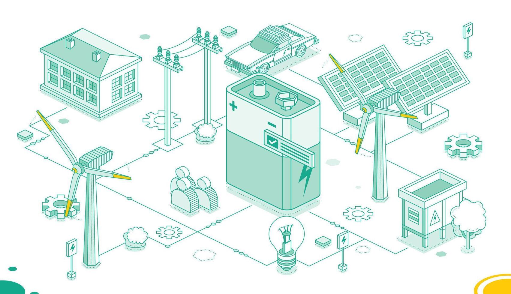 Clean energy concept. Isometric 9V nine volt battery, solar panels and wind turbines isolated on white background. Outline style. Green energy. House with electric car. vector