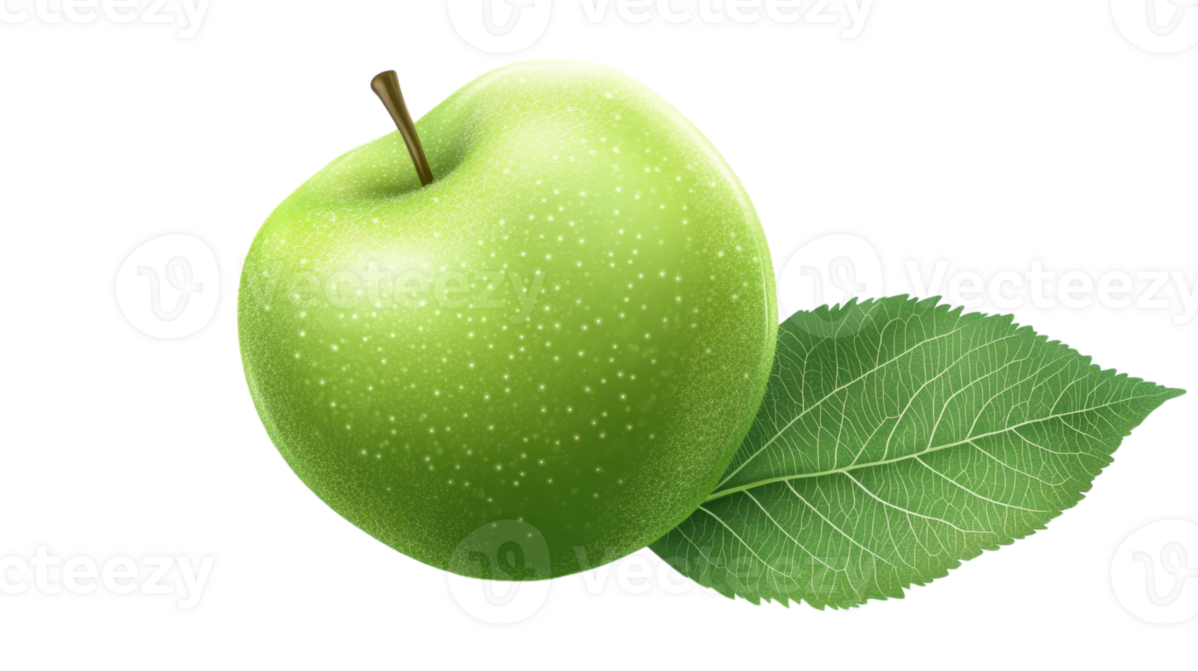 This green apple showcases its smooth surface and natural shine, supported by a delicate leaf. png