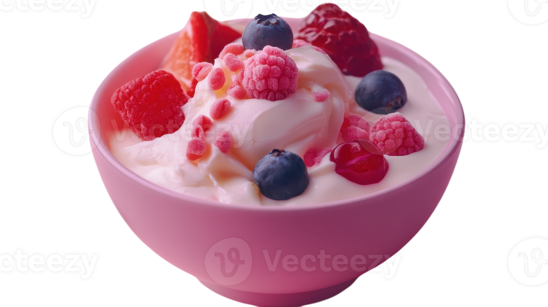 A delightful bowl of creamy yogurt topped with fresh raspberries and blueberries. png